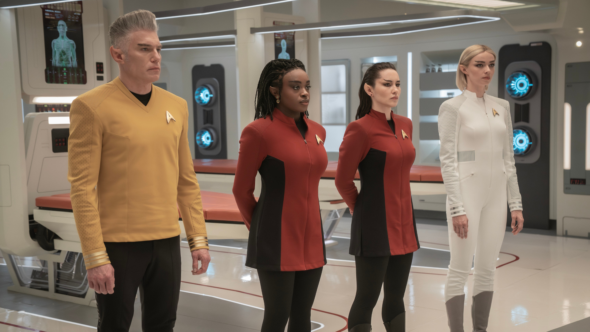 L to R Anson Mount as Capt. Pike, Celia Rose Gooding as Uhura, Christina Chong as LaÃ­an and Jess Bush as Chapel in season 3 , Episode 8 of Strange New Worlds streaming on Paramount+. Photo Credit: Marni GrossmanParamount+ 