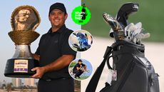 Patrick Reed holds a trophy and various images of club around it