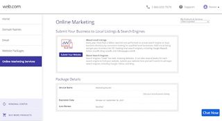 Web.com's settings menu with the options for online marketing
