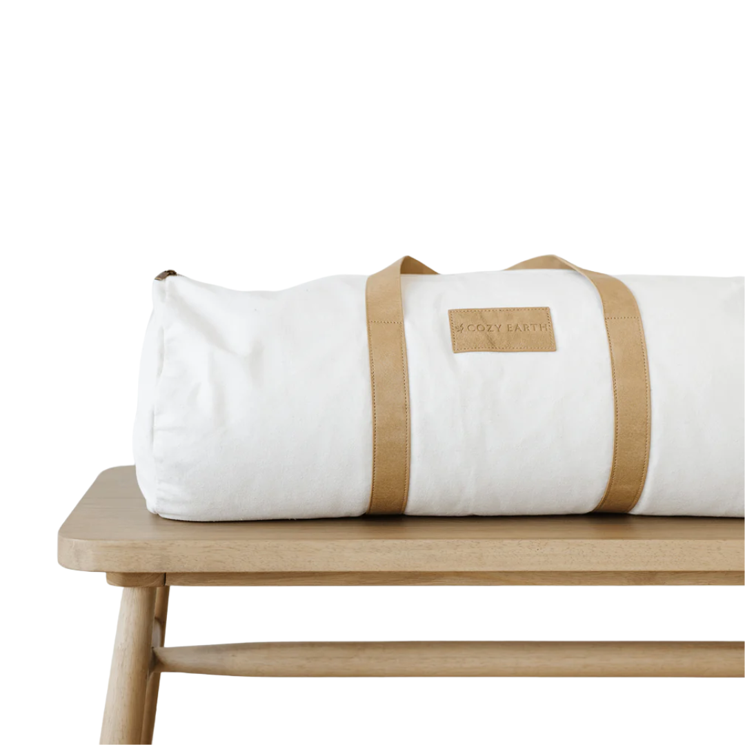 Cozy Earth's comforter packaging takes the form of a chic reusable duffle
