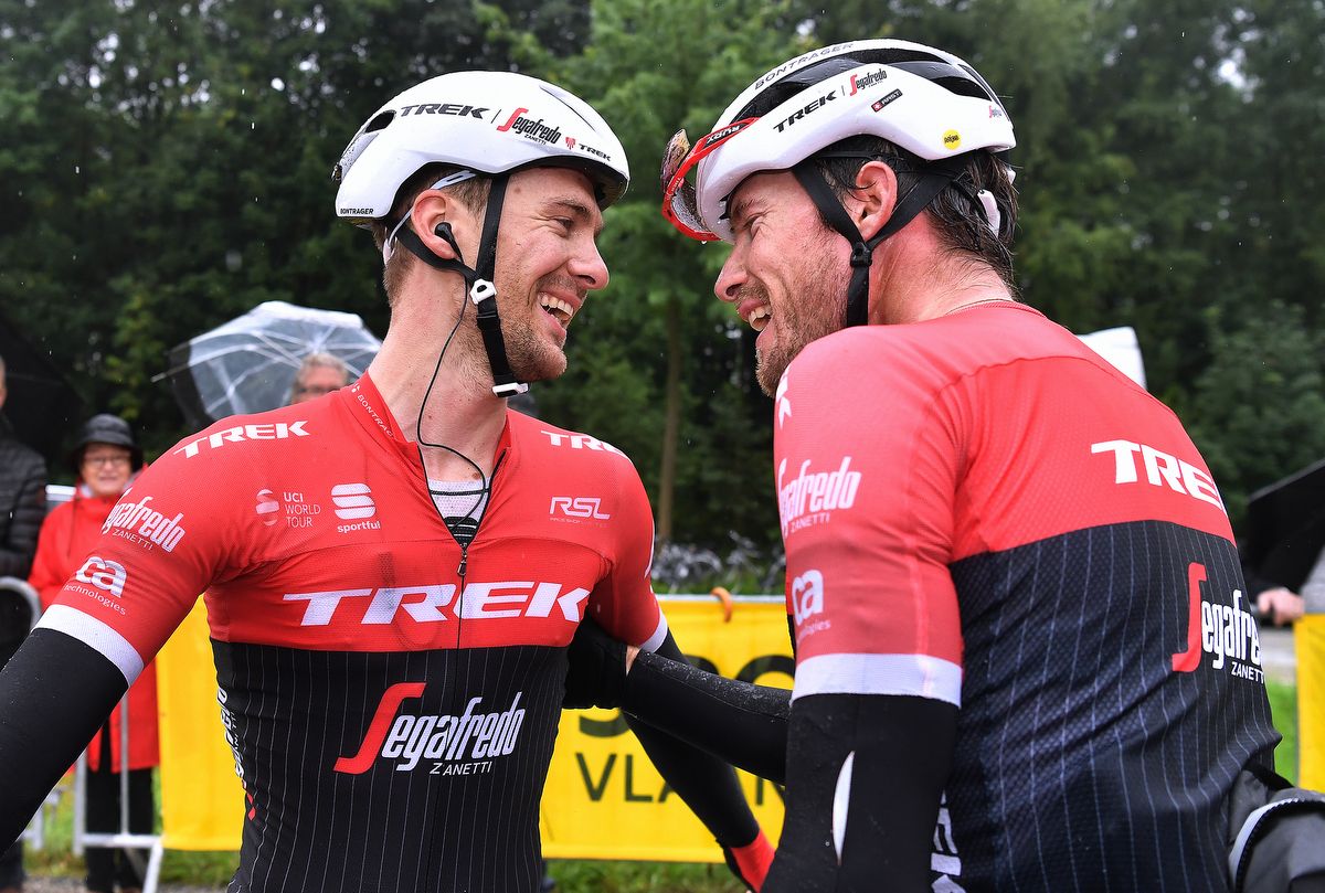Trek-Segafredo's Edward Theuns and Gregory Rast celebrates