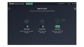 A screenshot of AVG Internet Security's web and email security dashboard