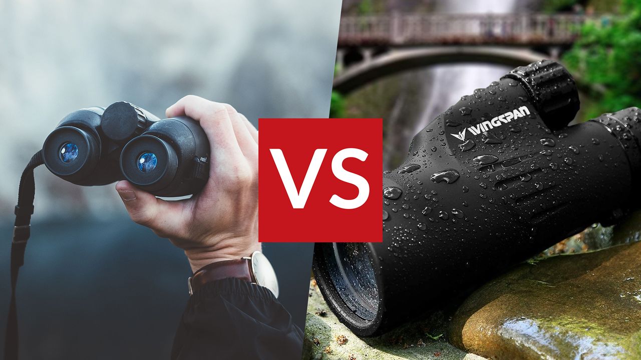 Person looking through binoculars on the left, on the right a close up of the Wingspan Optics Explorer Monocular