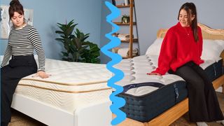 Two Tom's Guide mattress testers sitting on the Saatva Classic and the DreamCloud Classic