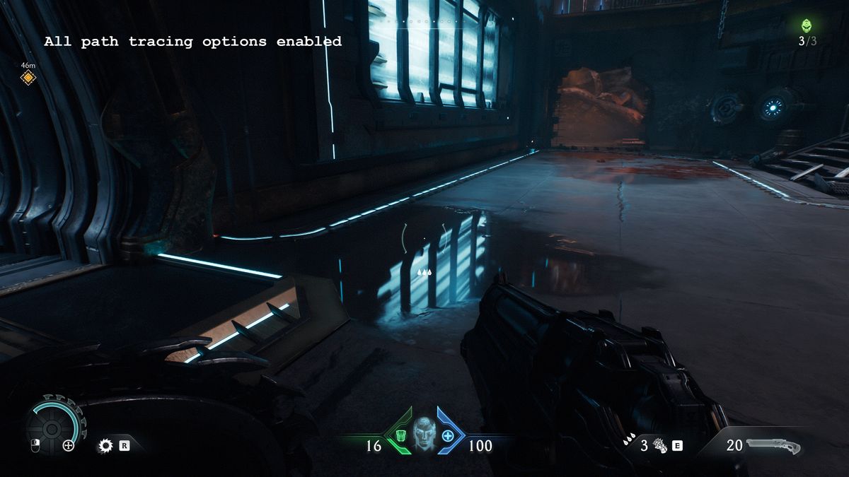 A screenshot of the PC version of Doom: The Dark Ages, showing the visual impact of using path tracing