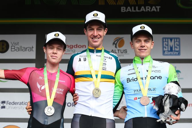 The U23 men's road race podium (l-r): second-placed Sebastian Berwick (St George Continental Cycling Team), winner Jarrad Drizners (Hagens Berman Axeon) and Alastair Christie-Johnston (Team BridgeLane)