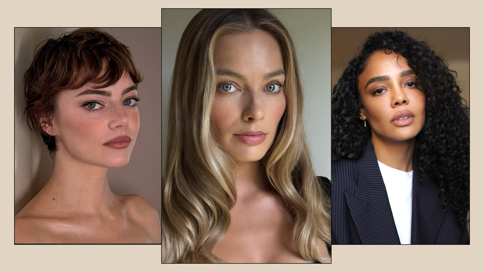 A collage of Emma Stone with auburn hair, Margot Robbie with blonde balayage and Tessa Thompson with dark brunette hair