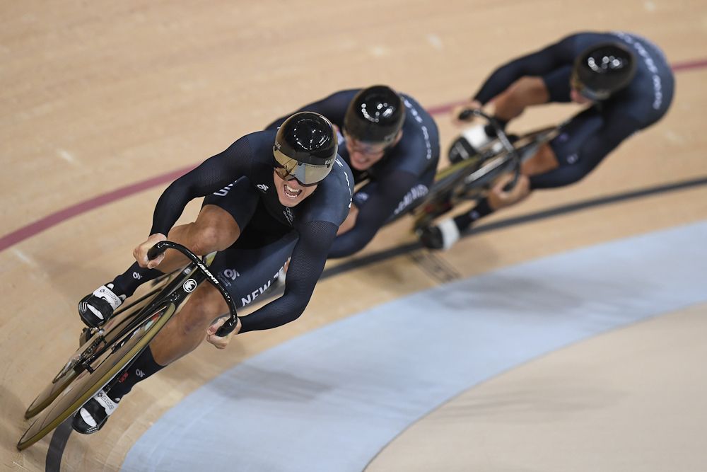 New Zealand's Eddie Dawkins, New Zealand's Ethan Mitchell and New Zealand's Sam Webster compete in the men's Team Sprint