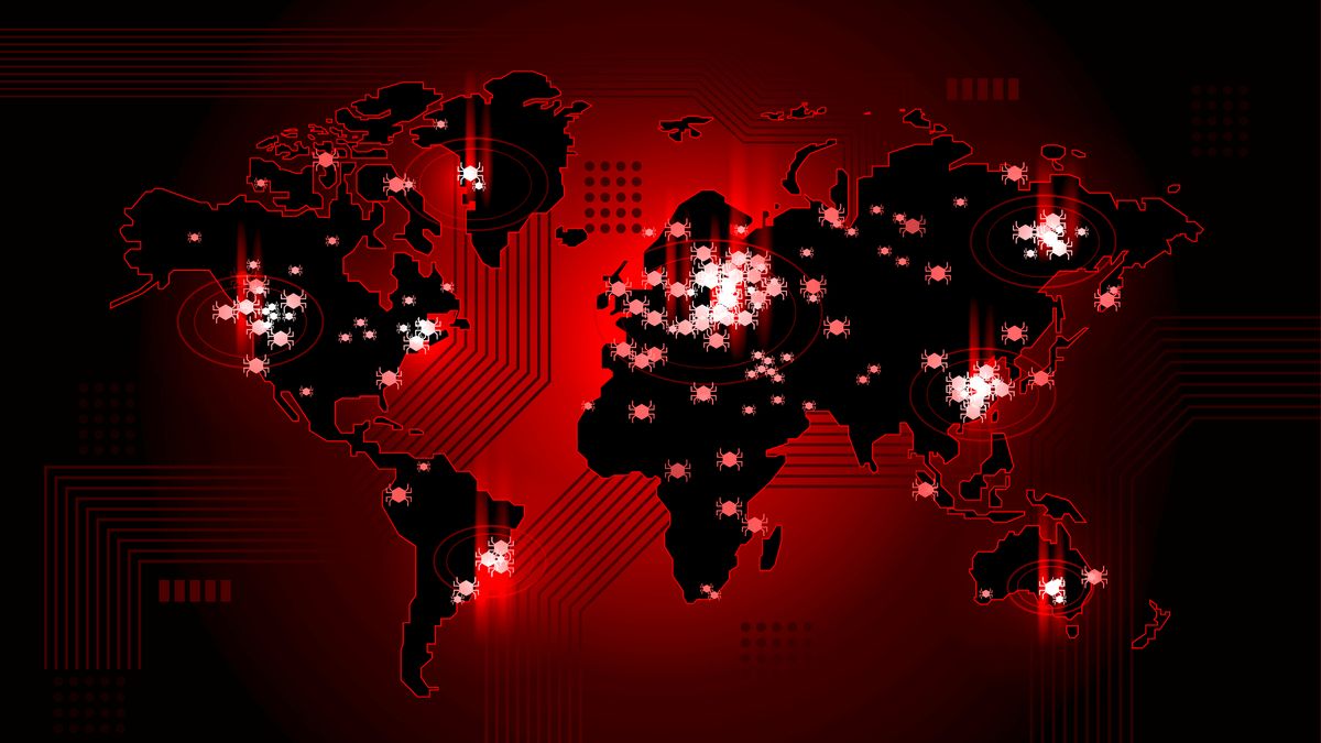 Global map in black and red colour scheme denoting threat with plots in major cities to show cyber attacks being observed across the world