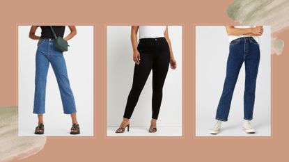 composite of three models wearing the longest lasting jeans from Levi's/River Island/Wrangler