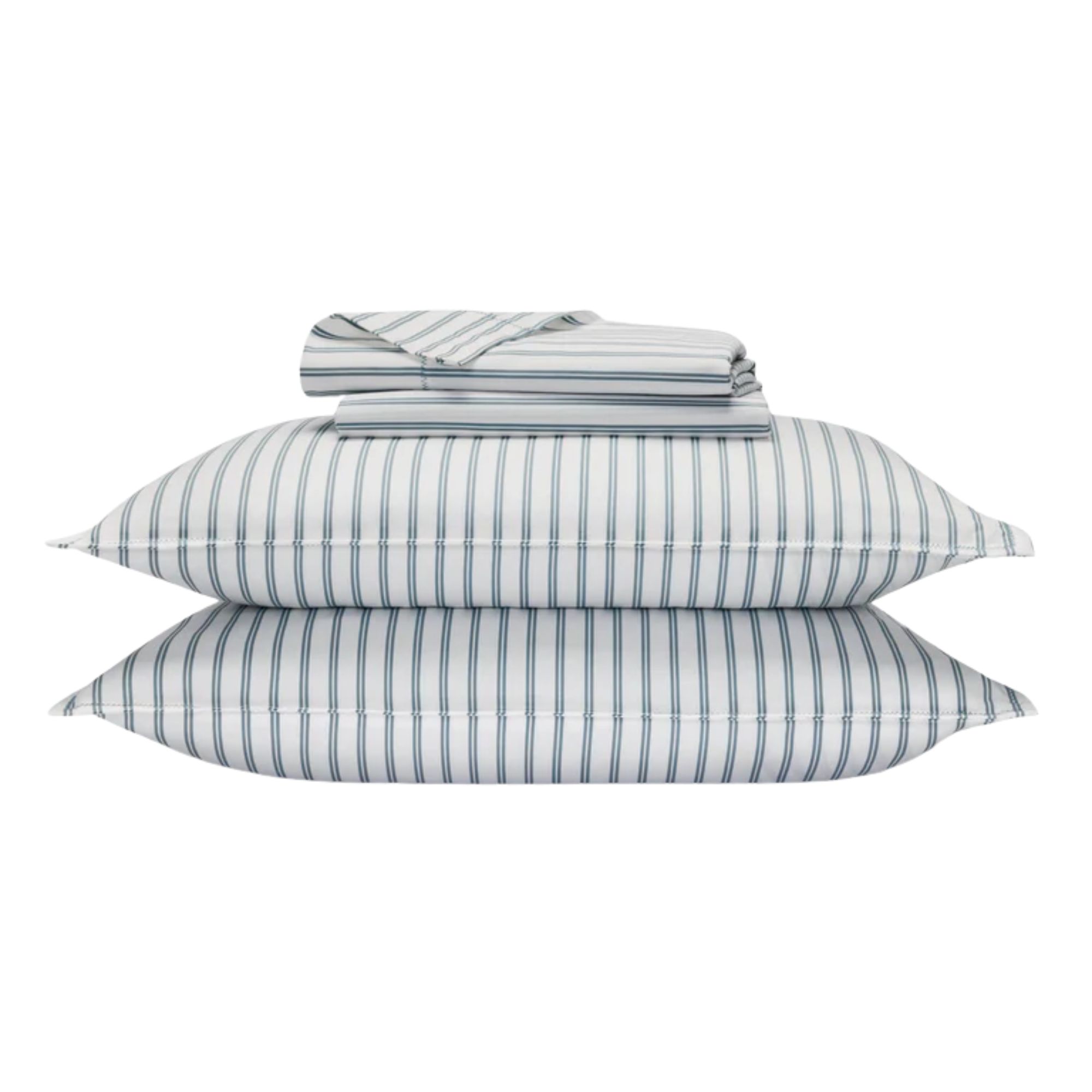 Brooklinen tencel core sheet set in white and blue stripes