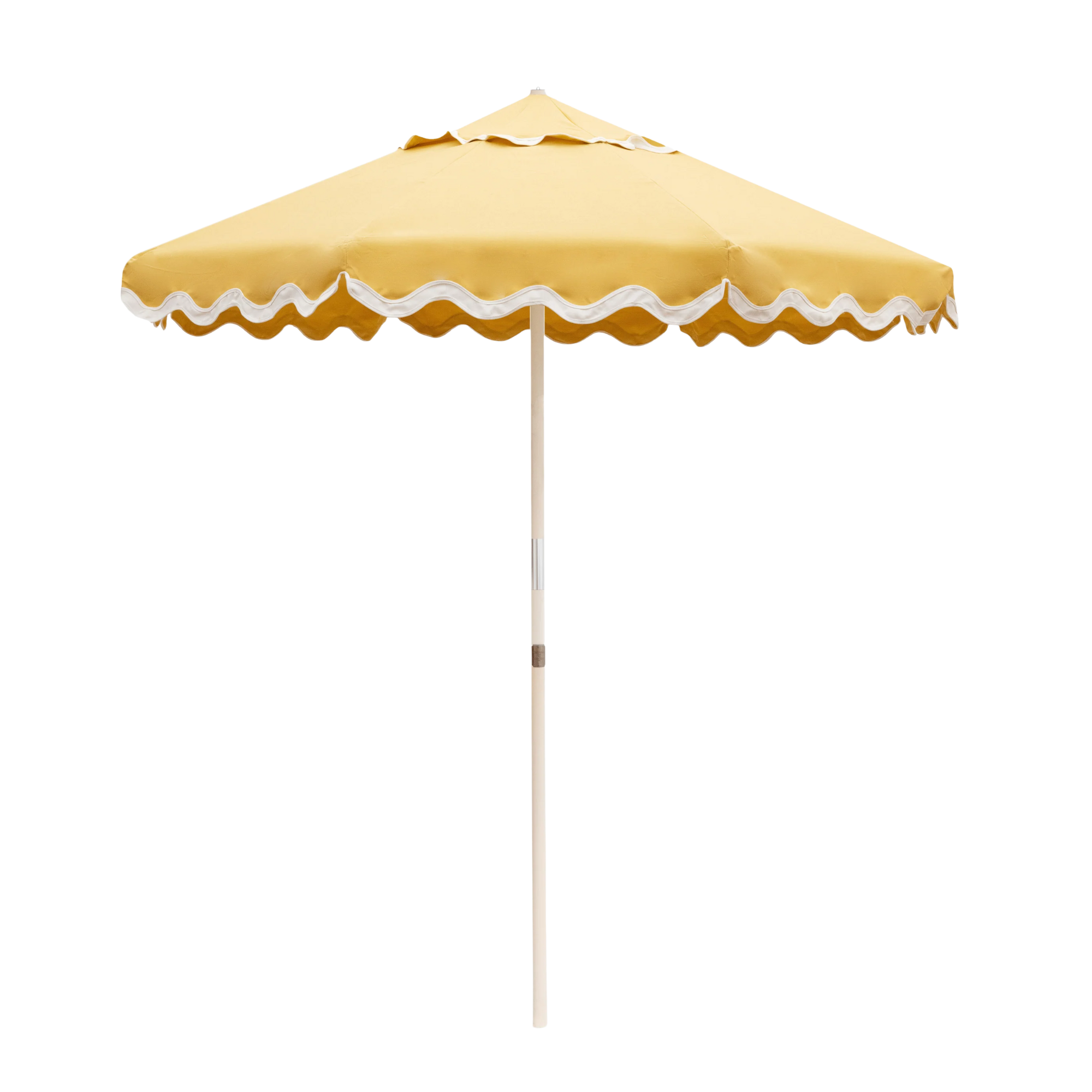a yellow umbrella with a scallop rim in white