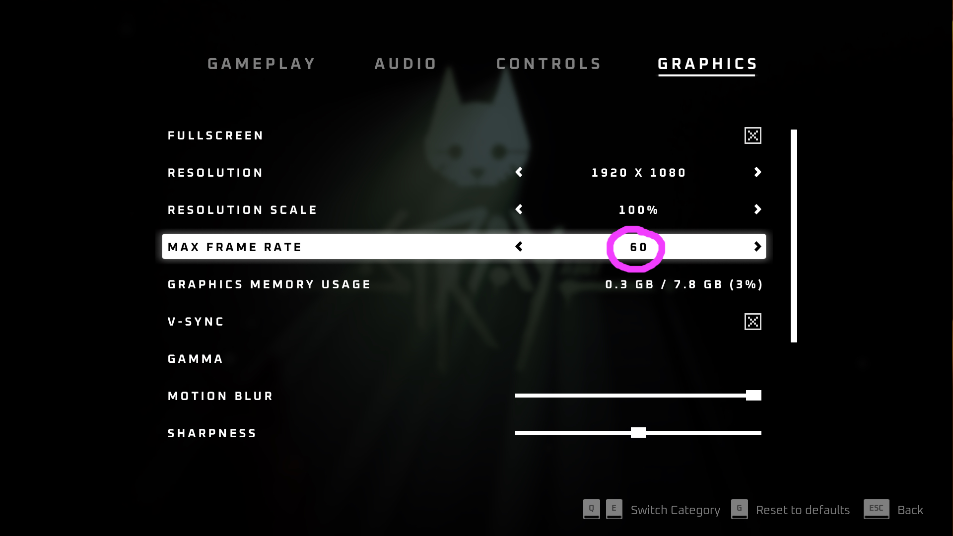 The Stray graphics menu showing the Max frame rate limiter option.