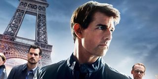 A promotional image from MIssion: Impossible Fallout shows Henry Cavill, Tom Cruise, and Simon Pegg standing in front of the Eiffel Tower.