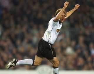 Gaizka Mendieta celebrates after scoring for Valencia against Barcelona in the Champions League in May 2000.