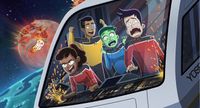 four cartoon characters aboard an out-of-control space shuttle
