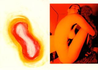 Lea Colombo drawing of yellow and red auras next to image of body illuminated from Colours of My Body