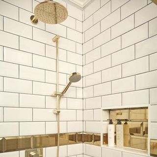 bathroom with white wall and gold pipe fittings