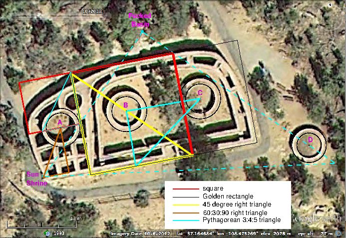 This satellite photo of the Sun Temple at the Mesa Verde archaeological site reveals its geometrical properties.