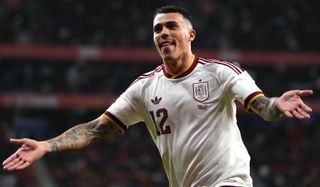 Pedro Porro of Spain reacts during an international friendly match between Spain and Egypt at RCDE Stadium 