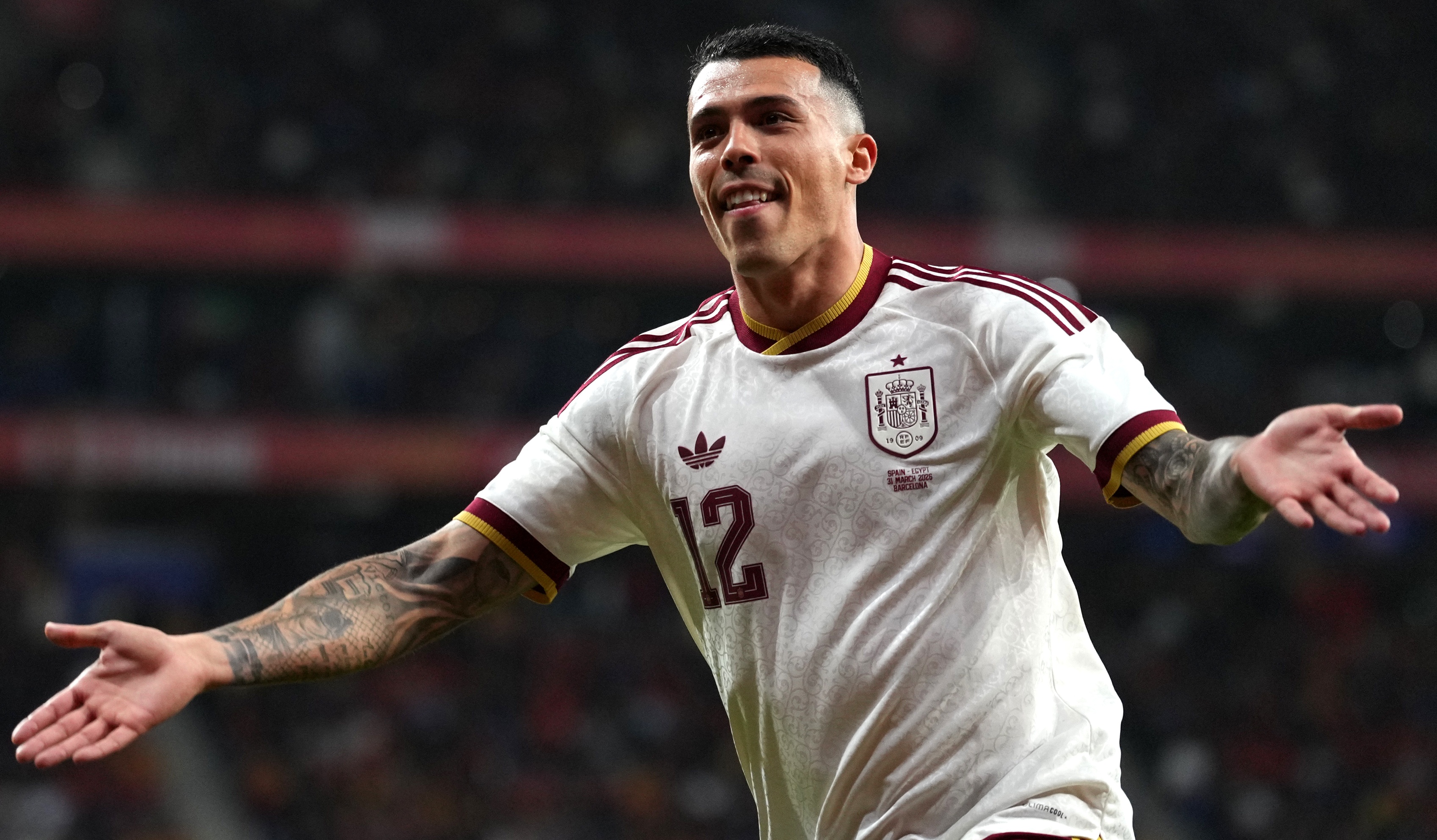 Pedro Porro of Spain reacts during an international friendly match between Spain and Egypt at RCDE Stadium 