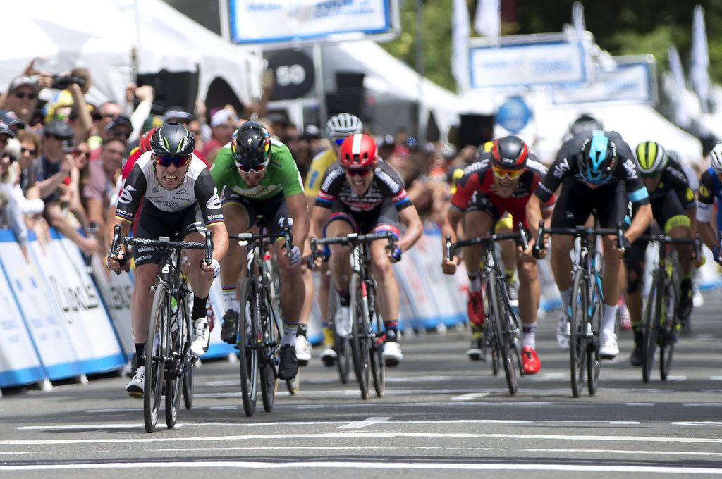 Mark Cavendish (Dimension Data) moments before raising his arms in triumph