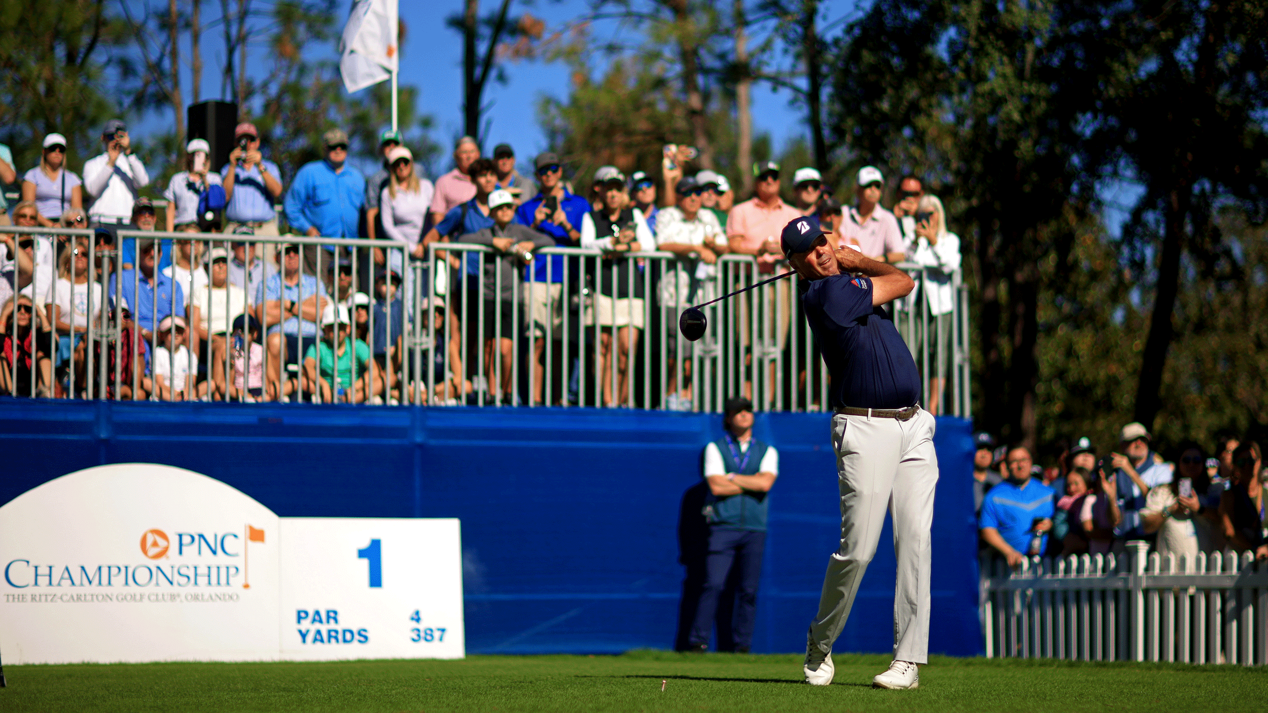 Matt Kuchar tees off during round one of the 2025 PNC Championship