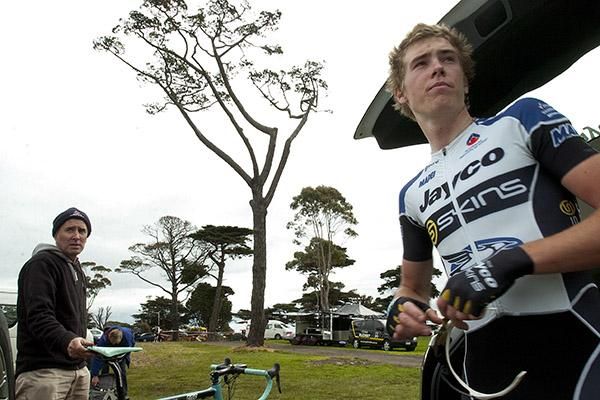 Stage 4 winner and time-trial gold medallist Rohan Dennis (Team Jayco Skins) with team-manager Brian Stephens after his ride in Portarlington.