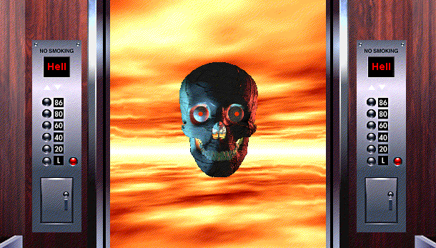 An elevator to Hell opens to reveal a skull