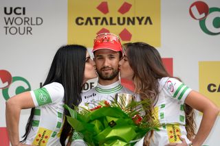 Nacer Bouhanni on the stage 1 podium at Volta a Catalunya