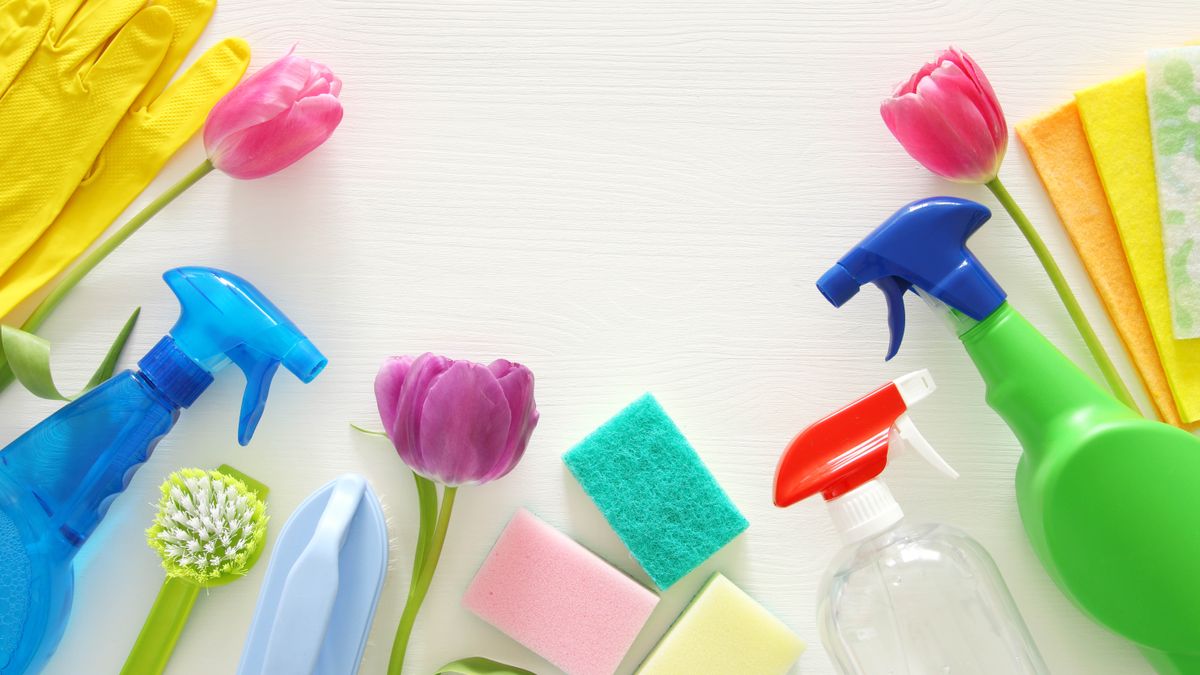 Spring cleaning tools with tulips