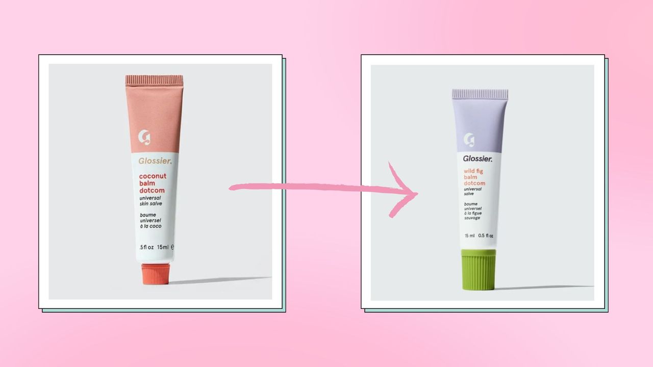 Glossier Balm dotcom formula: the original coconut balm dotcom with old packaging alongside a product picture of the new Glossier Wild Fig Balm dotcom, with it&#039;s new packaging and formula / in a pink template with an arrow