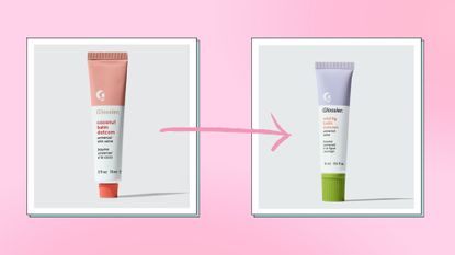 Glossier Balm dotcom formula: the original coconut balm dotcom with old packaging alongside a product picture of the new Glossier Wild Fig Balm dotcom, with it's new packaging and formula / in a pink template with an arrow