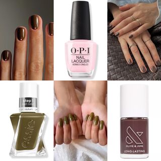 a grid design with three manicures and three bottles of nail polish