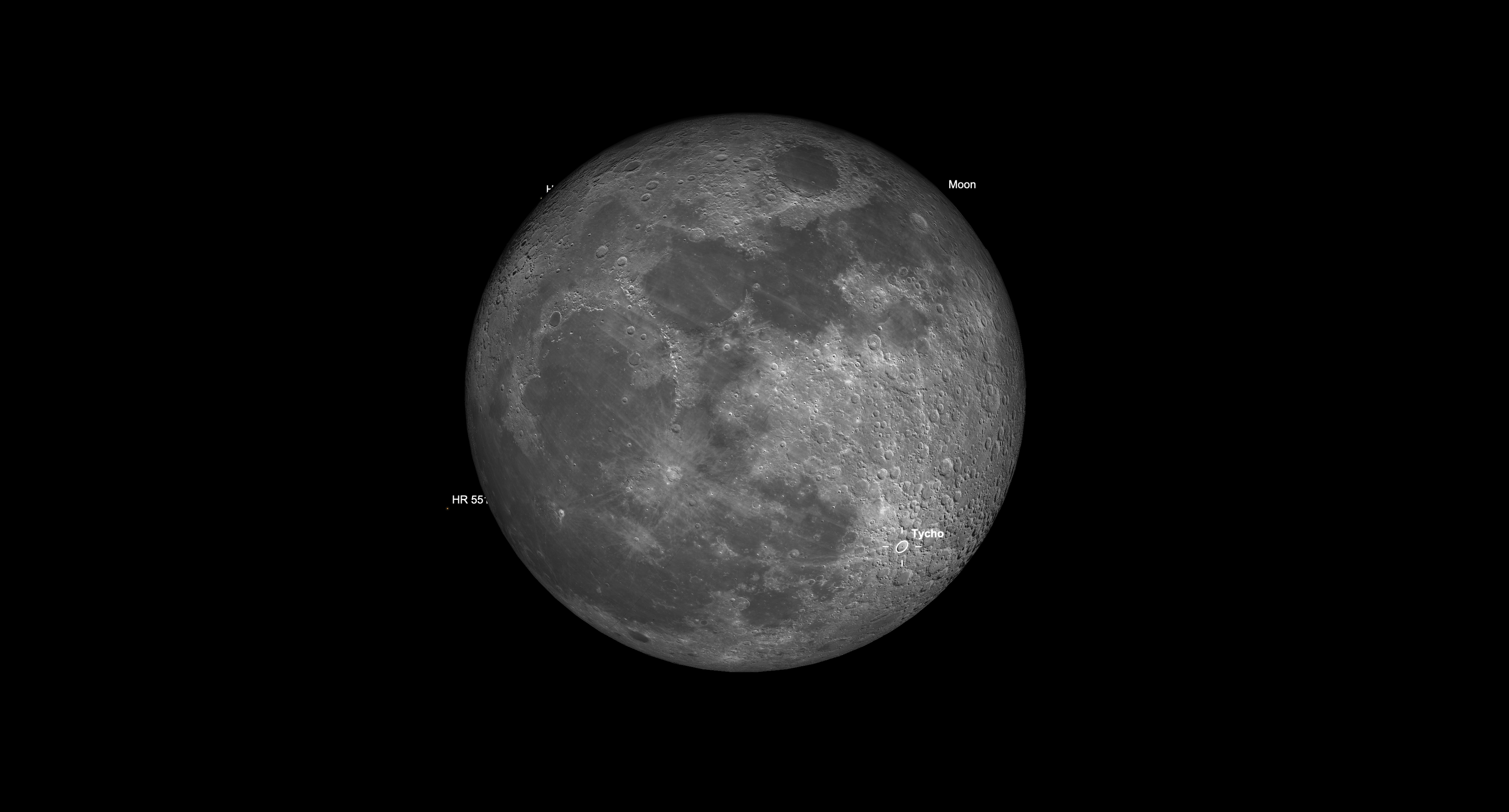 The full moon shines brightly in the night sky, with major lunar maria and craters visible across its surface.
