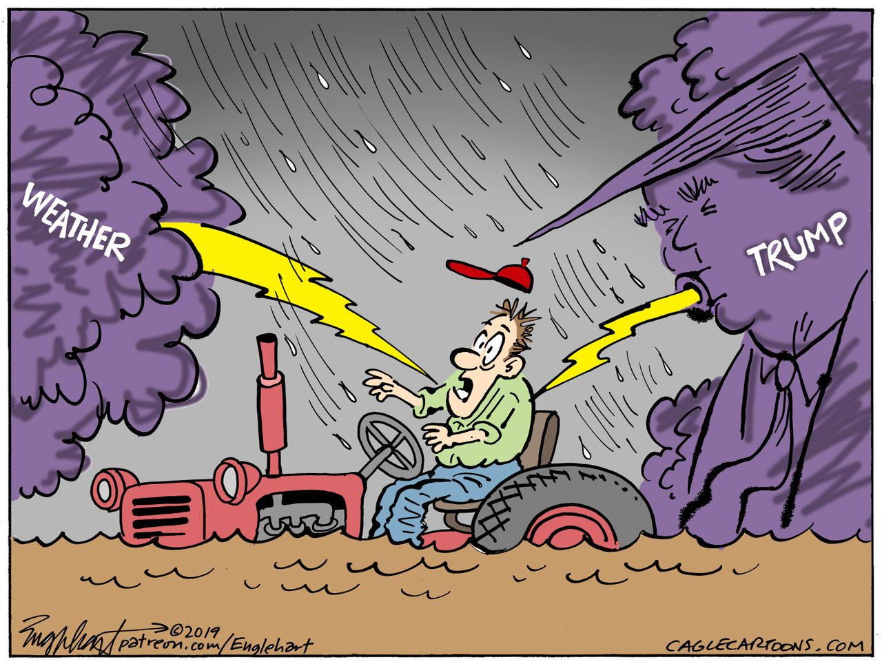 Political Cartoon U.S. Midwestern Farmers Climate Change Trump Tariffs