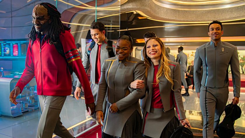 The Starfleet Cadets walking in unison.