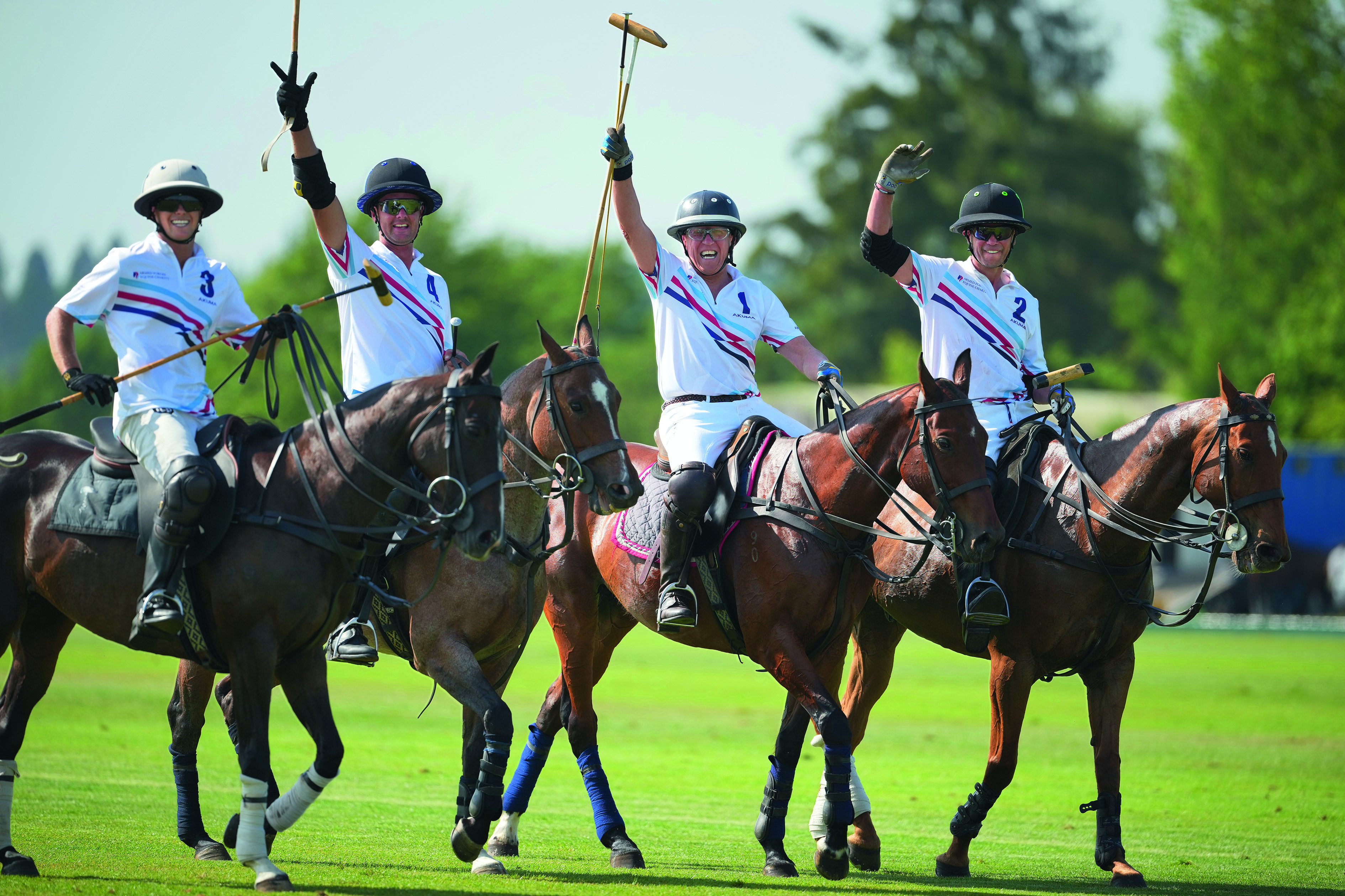 People on horses, riding around at speed, doing polo things like hitting a small ball with a big stick