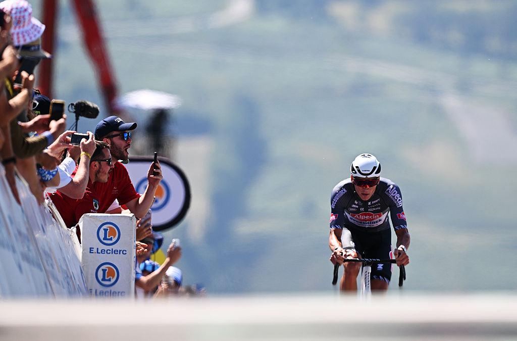 PEYRAGUDES, FRANCE - JULY 18: Mathieu van der Poel of Netherlands and Team Alpecin - Deceuninck crosses the finish line during the 112th Tour de France 2025, Stage 13 a 10.9km individual time trial stage from Loudenvielle to Peyragudes 1561m / #UCIWT / on July 18, 2025 in Peyragudes, France. (Photo by Tim de Waele/Getty Images)