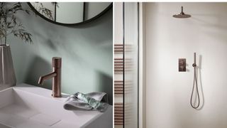 Collage of two bathrooms showing warm bronze taps for a sink and a shower enclosure to demonstrate a ket bathroom trend 2023