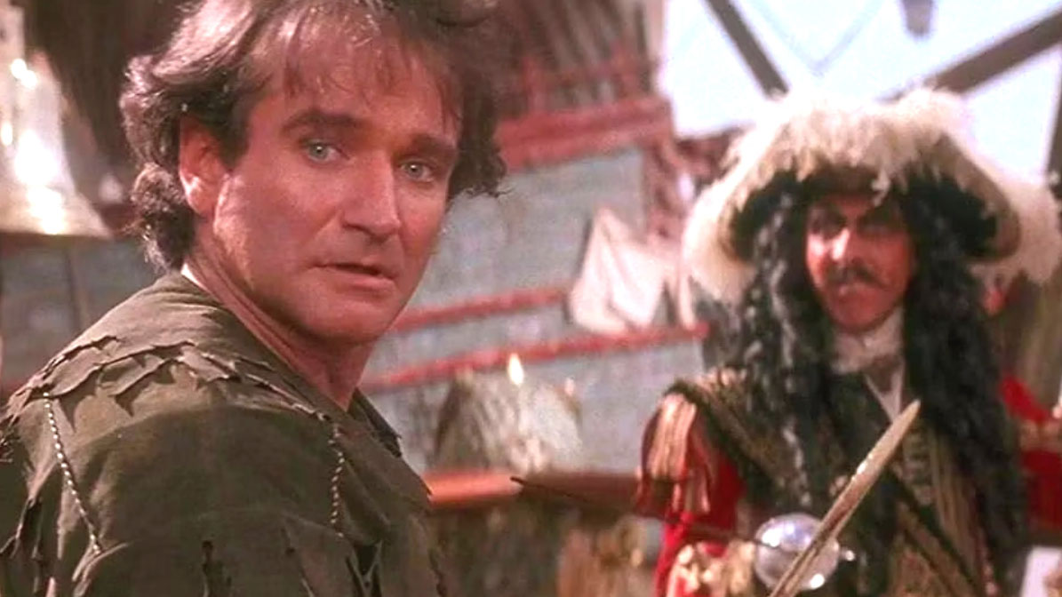 Robin Williams and Dustin Hoffman as Peter Pan and Captain Hook.