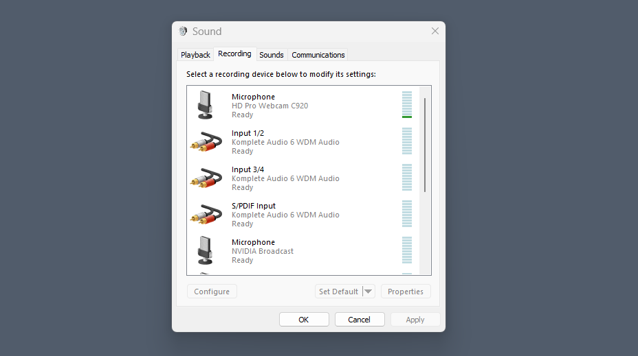 Windows 11 Sound control panel menu.