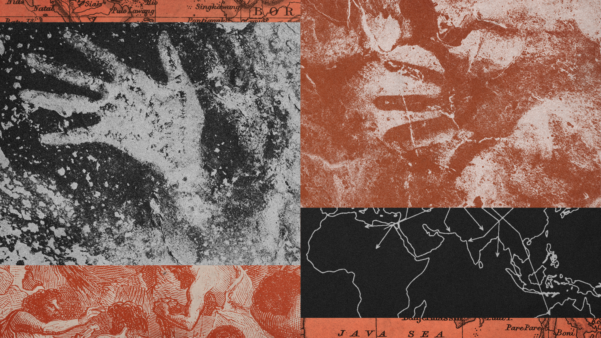 Photo composite illustration of ancient handprints from Sulawesi, a map of human migration, vintage map of Indonesia and engraving of Stone Age people