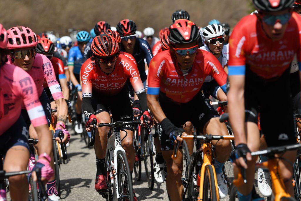 PIEVEDIBONO ITALY APRIL 22 Tejay Van Garderen of United States and Team EF Education Nippo Winner Andrew Anacona of Colombia and Team Arka Samsic during the 44th Tour of the Alps 2021 Stage 4 a 1686 to stage from Naturns to Valle del Chiese Pieve di Bono TourofTheAlps TouroftheAlps on April 22 2021 in Pieve di Bono Italy Photo by Tim de WaeleGetty Images