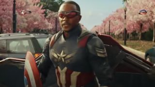 Anthony Mackie in his new outfit, holding the shield in Captain America: Brave New World