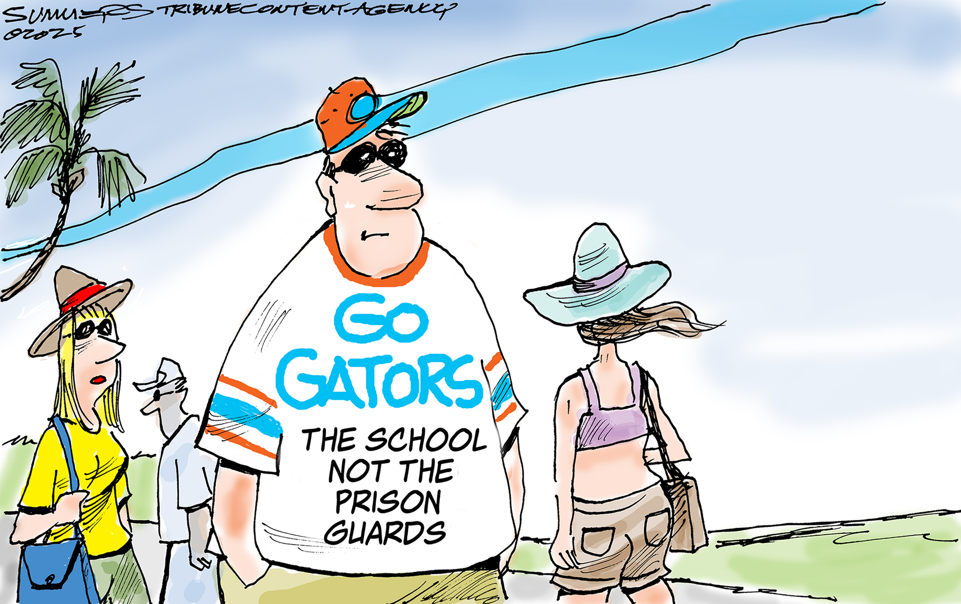 This political cartoon depicts a man walking in Florida. He wears a shirt that reads, “GO Gators. The school not the prison guards.”