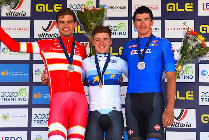 2019 European time trial champion Remco Evenepoel (Belgium) with second-placed Kasper Asgreen (Denmark) and Italy's Edoardo Affini