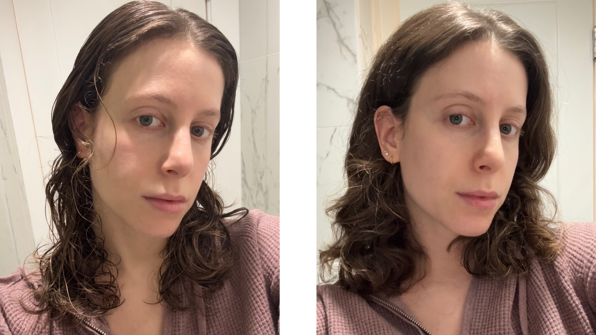Jamie Schneider before and after testing the Crown Affair Air-Dry Mousse.