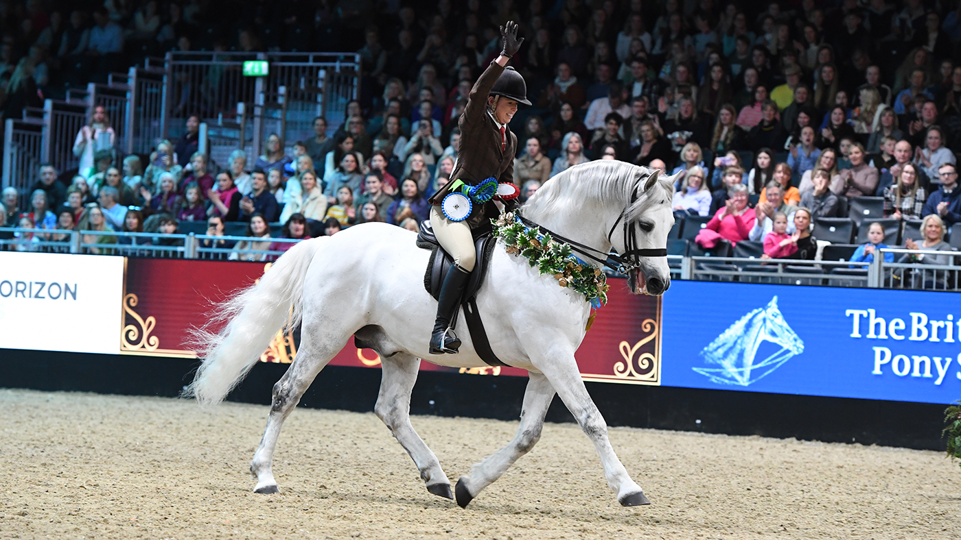 Castle Kestrel and Lucy Glover after winning the supreme ridden M&amp;M at London International Horse Show 2022