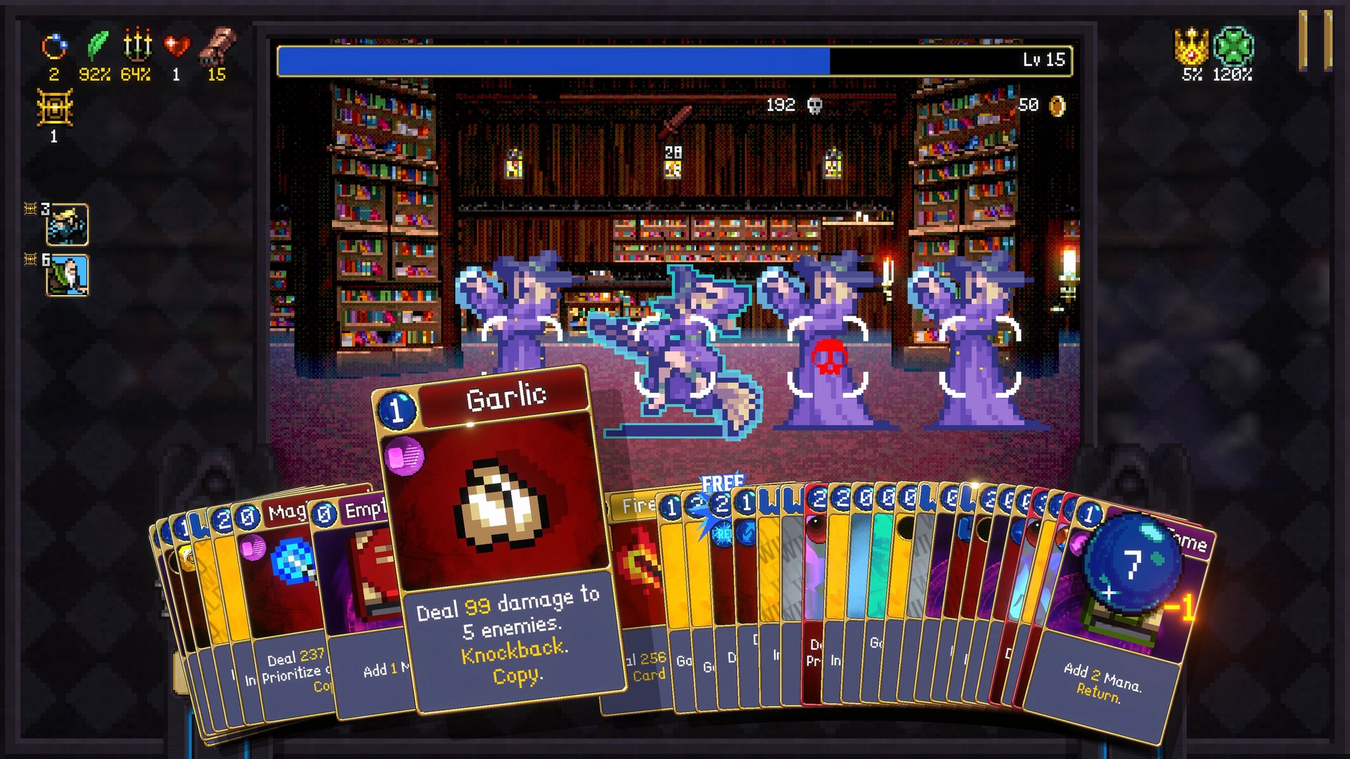 A huge hands of cards as the player fights witches in Vampire Crawlers